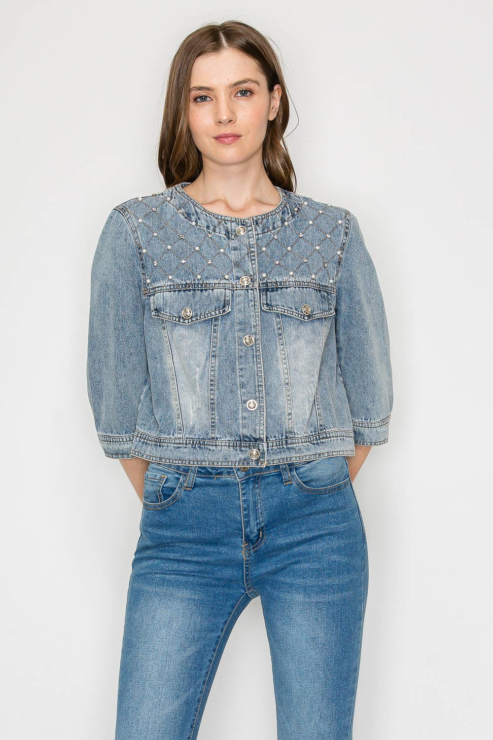 Daphne Denim Jacket with Studs & Pearls for wholesale on Faire1