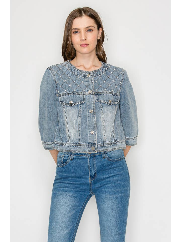 Daphne Denim Jacket with Studs & Pearls for wholesale on Faire1