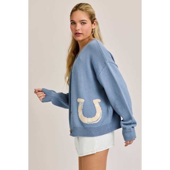 LT BLUE Horseshoe Graphic Long Sleeve Round Neck Cardigan for wholesale on Faire2