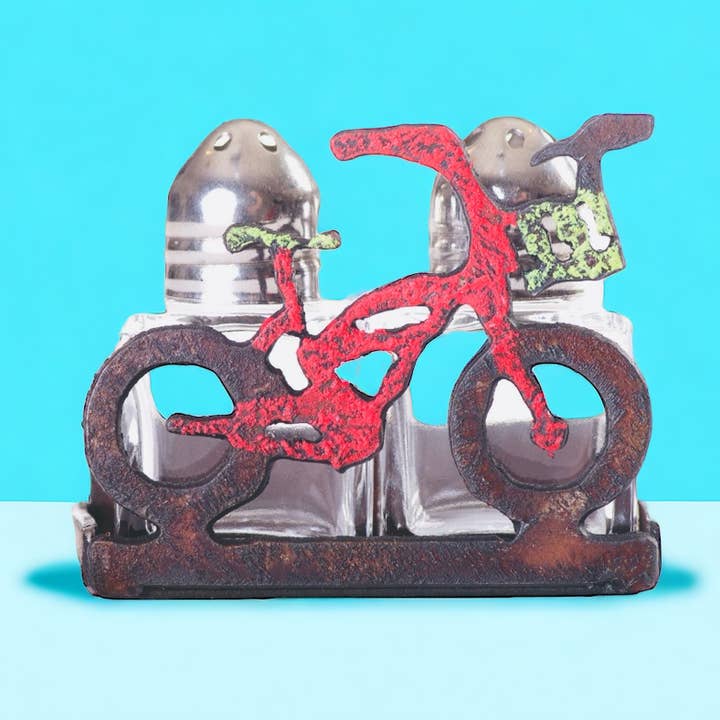 Bike Salt Pepper kitchen caddy Vintage metal recycle KOA eco for wholesale by Whimsies