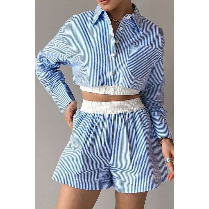 Casual gestreepte lange mouwen shirt en korte broek set voor wholesale door DORCAS