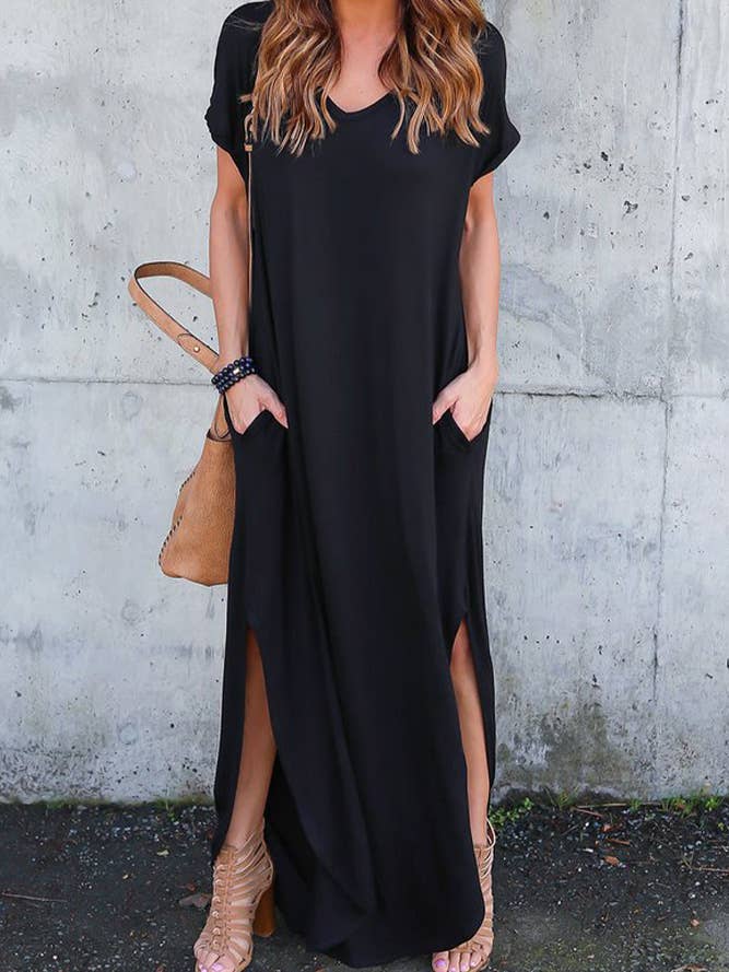 Black V Neck Split Maxi Dress ZZKF1107 for wholesale by UNISHE