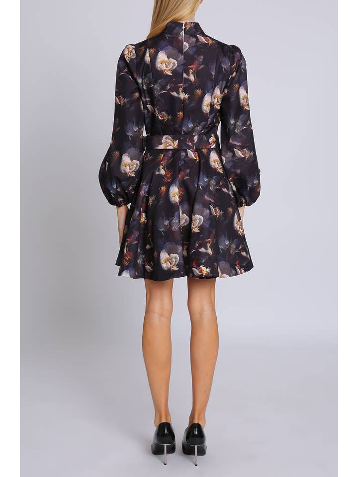 Black Floral Print Embellished Front Belted Mini Dress PC3542 for wholesale on Faire