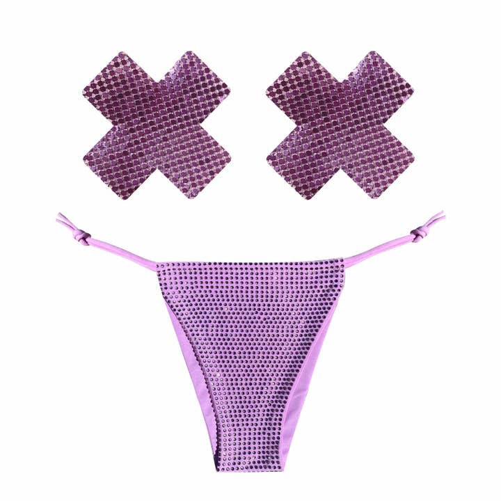 Shiney Hiney Iridescent Purple Crystal High Waisted Pastie and Pantie Lingerie Set for wholesale by Neva Nude