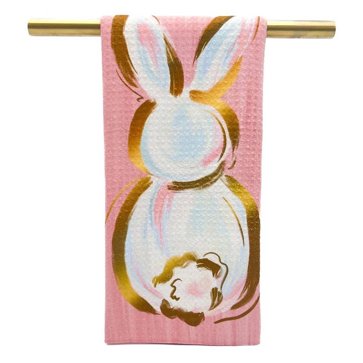 Korallfärgad Liten Gyllene Kanin Kökshandduk - Påskhandduk för wholesale av Rachel Brooks Design, LLC