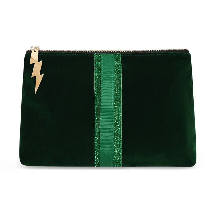 BOTTLE GREEN VELVET CLUTCH (GREEN STRIPE) for wholesale by Cockatoo
