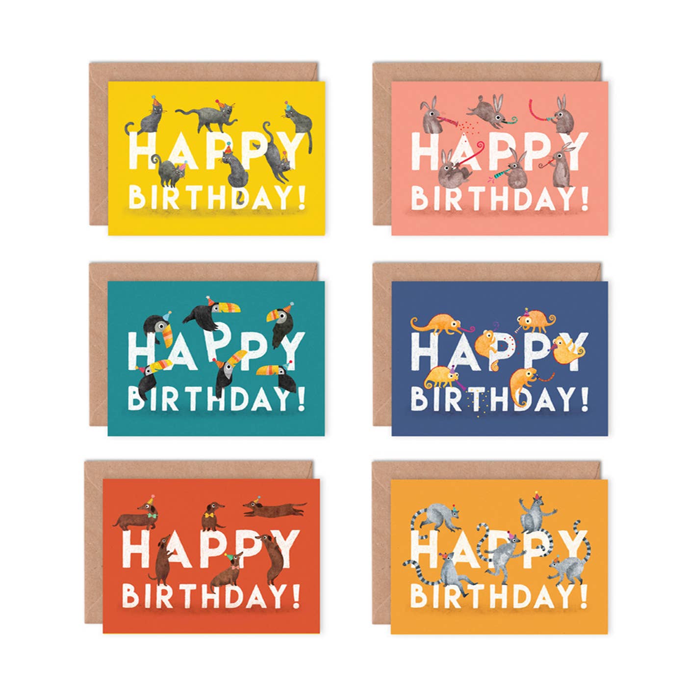Emily Nash Illustration Greeting Cards - Vente Cartes d'anniversaire - Pack de 6 cartes de vœux Joyeux Anniversaire Animaux Multipack10