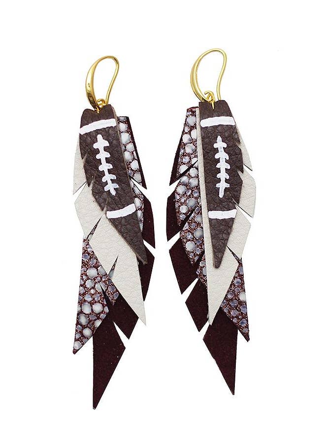 Layered Leather Football Earring - Maroon and White for wholesale by The Supply Society