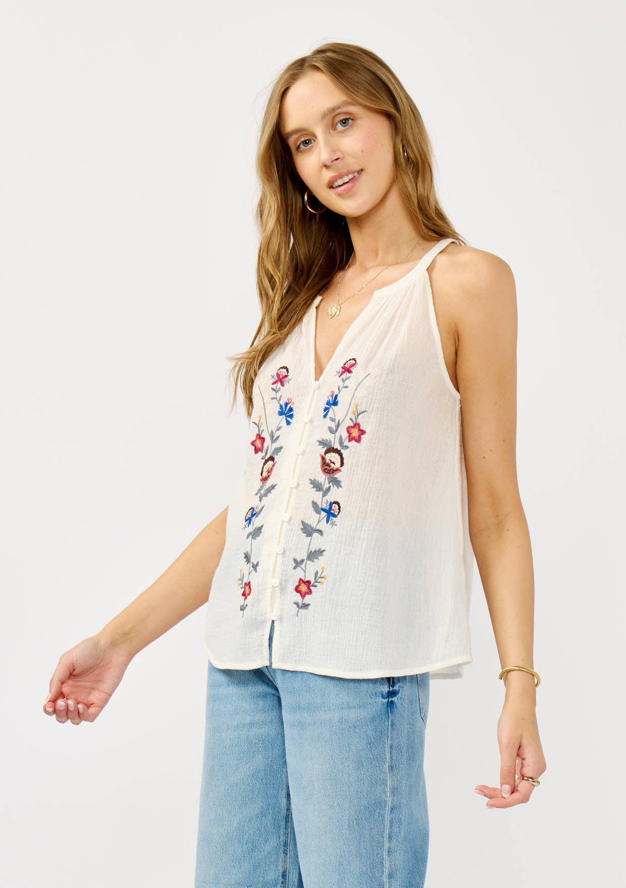 Natural Wine Embroidered Halter Neck Button-Down Tank for wholesale on Faire1