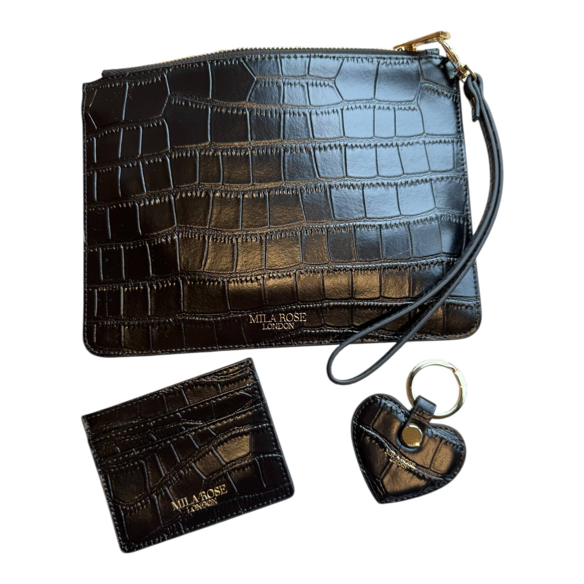 Mila Rose London - Vente Pochette – femme - Pochette en cuir noir imprimé crocodile Cadeau de Noël1