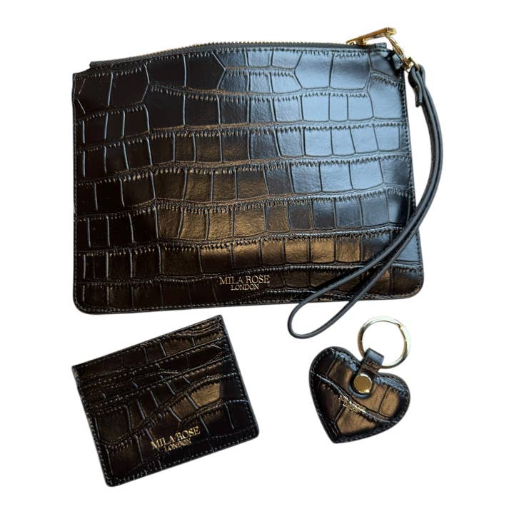 Mila Rose London - Vente Pochette – femme - Pochette en cuir noir imprimé crocodile Cadeau de Noël1