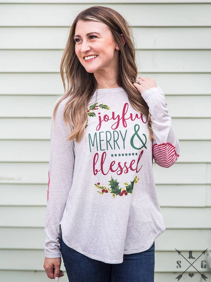 Joyful, Merry, & Blessed on Grey Longsleeve Tunic with Candy Cane Accent for wholesale on Faire0