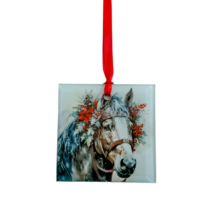 Christmas Ornament Glass- Bay Horse with Holly for wholesale by Dusty & Delilah Designs