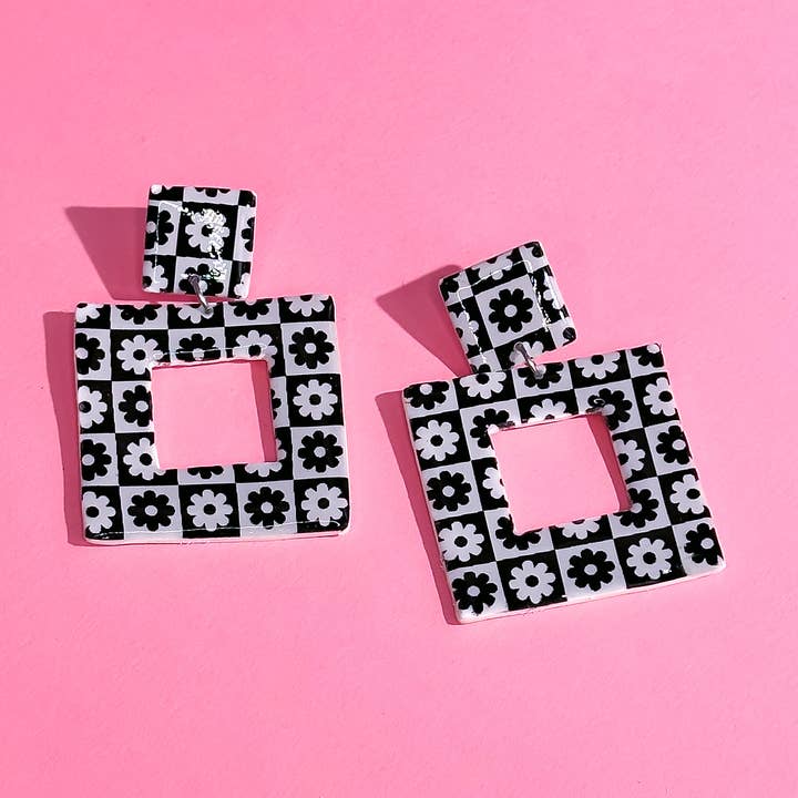Polymer Clay Retro Flower Checker Square Dangle Earrings for wholesale by Night Moves Atelier