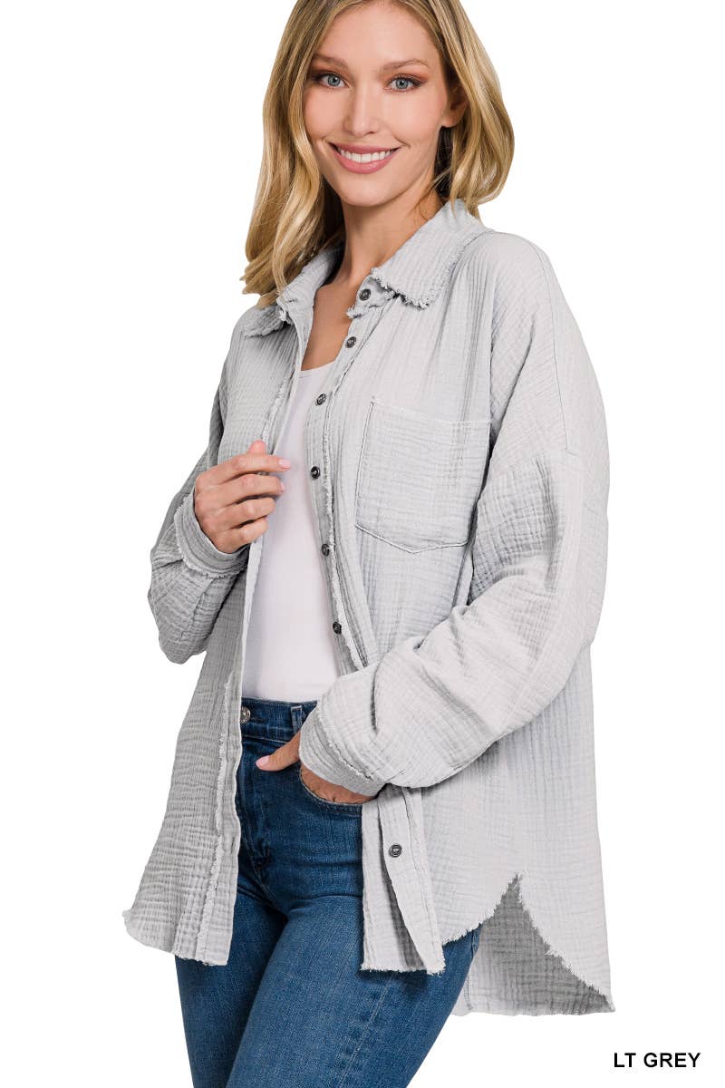 42POPS - Wholesale Button Down Shirt - Women's - `.Oversized Raw Edge Shirt W/ Back Patch47