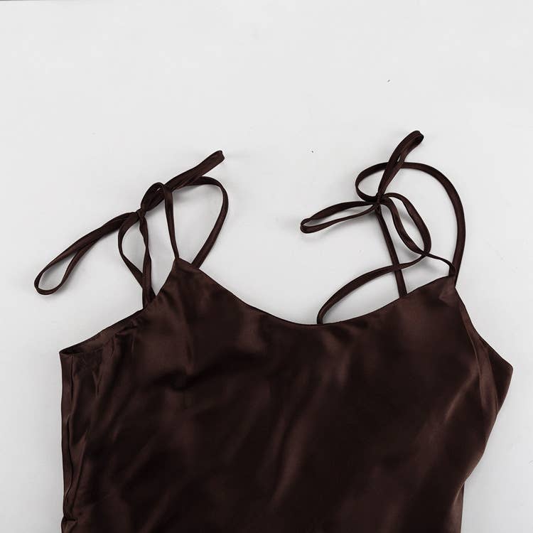 Brown open back sexy slip maxi dress with bow tie straps for wholesale on Faire4
