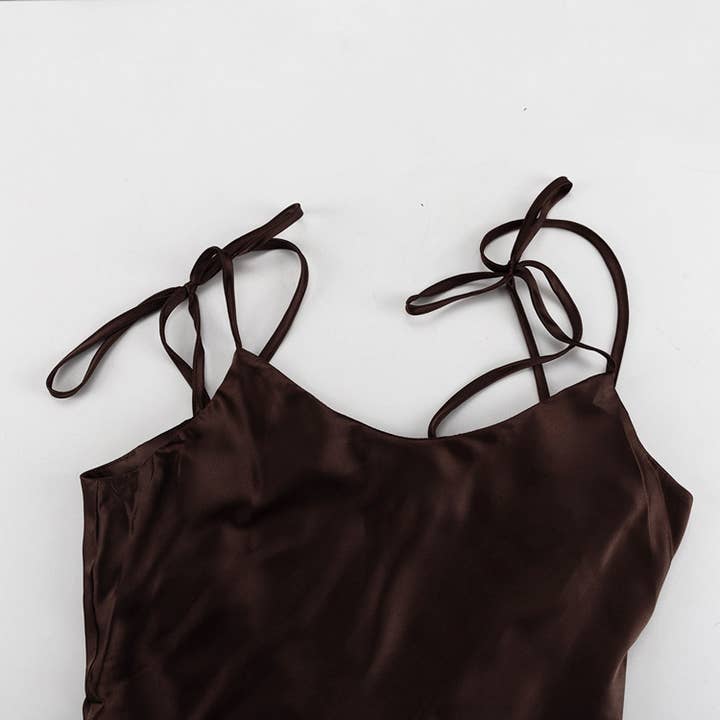 Brown open back sexy slip maxi dress with bow tie straps for wholesale on Faire4