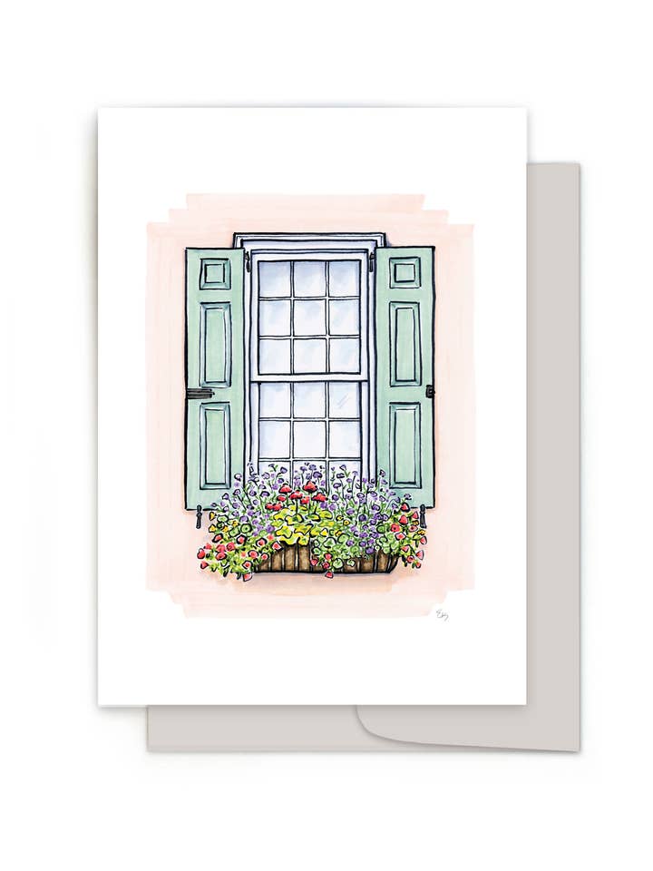 Flower Box Greeting Card - Pink & Mint House for wholesale by Texture Design Co