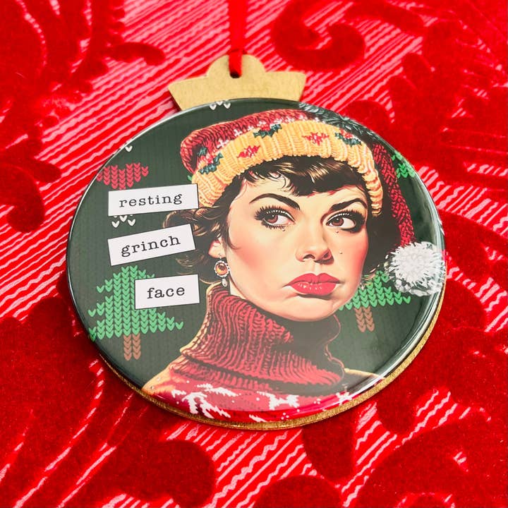 Resting Grinch Face - VINTAGE HOLIDAY LADIES CHRISTMAS ORNAMENT for wholesale by Stuck On Joy