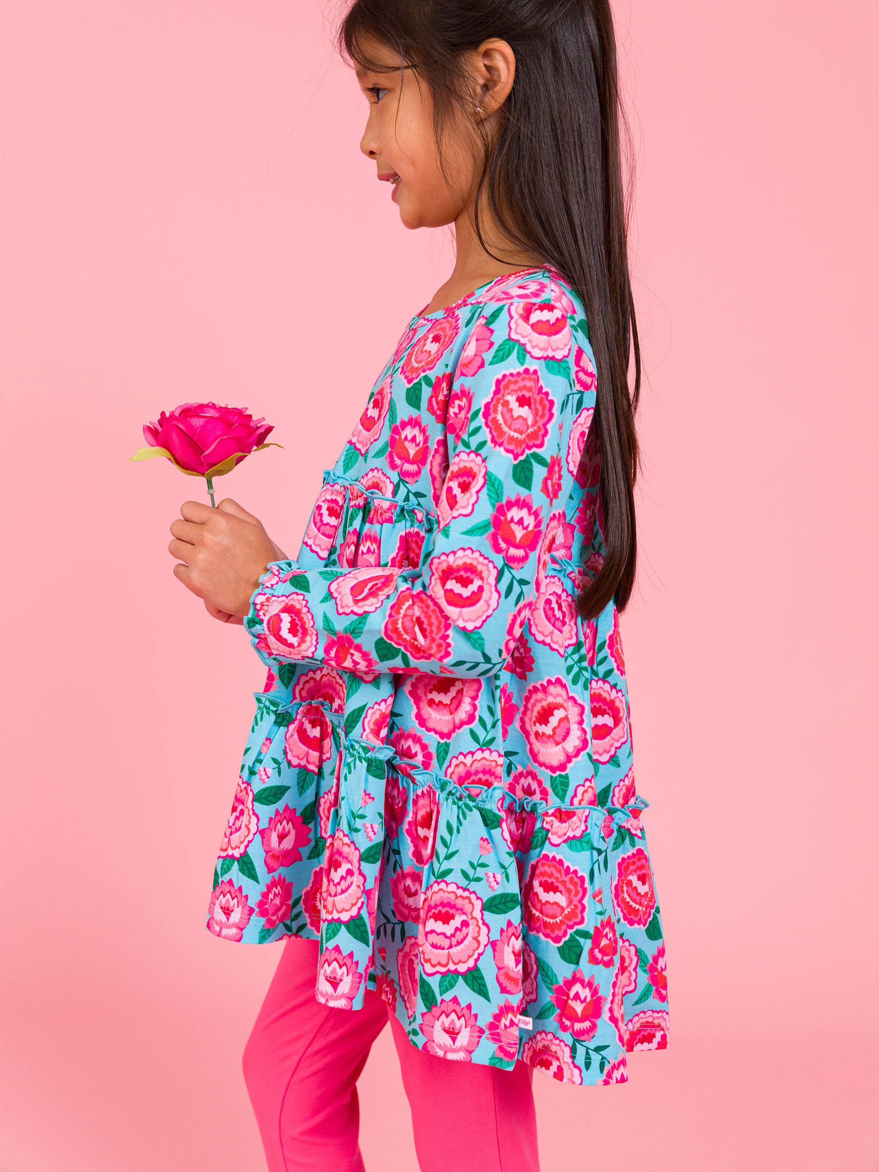 Blue Girls Bright Blossoms Knit Ruffle Tiered Tunic Top for wholesale on Faire2