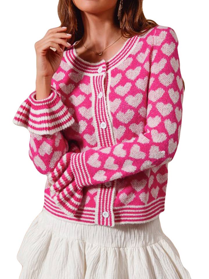 All Over Heart Button Up Sweater Cardigan for wholesale by Vanilla Monkey