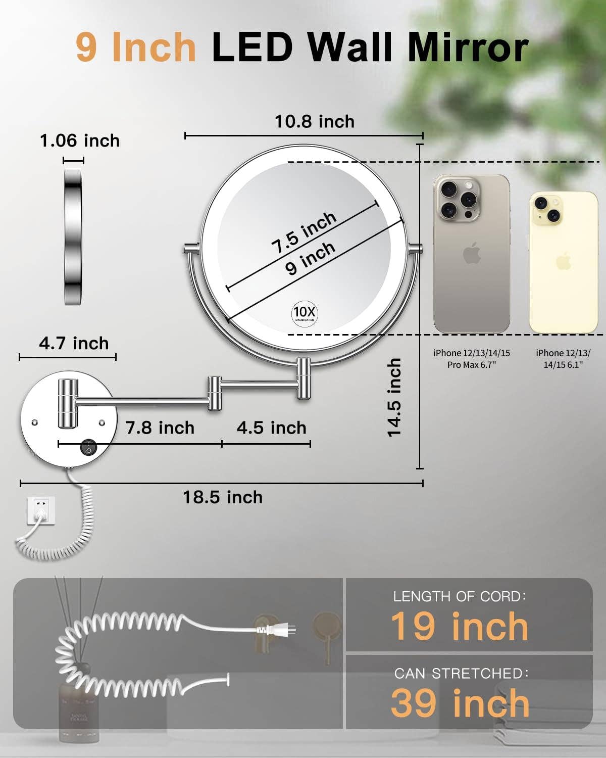 Silvery 9 Inch Wall Mounted Lighted Magnifying Mirror 1X 10X LED for wholesale on Faire1