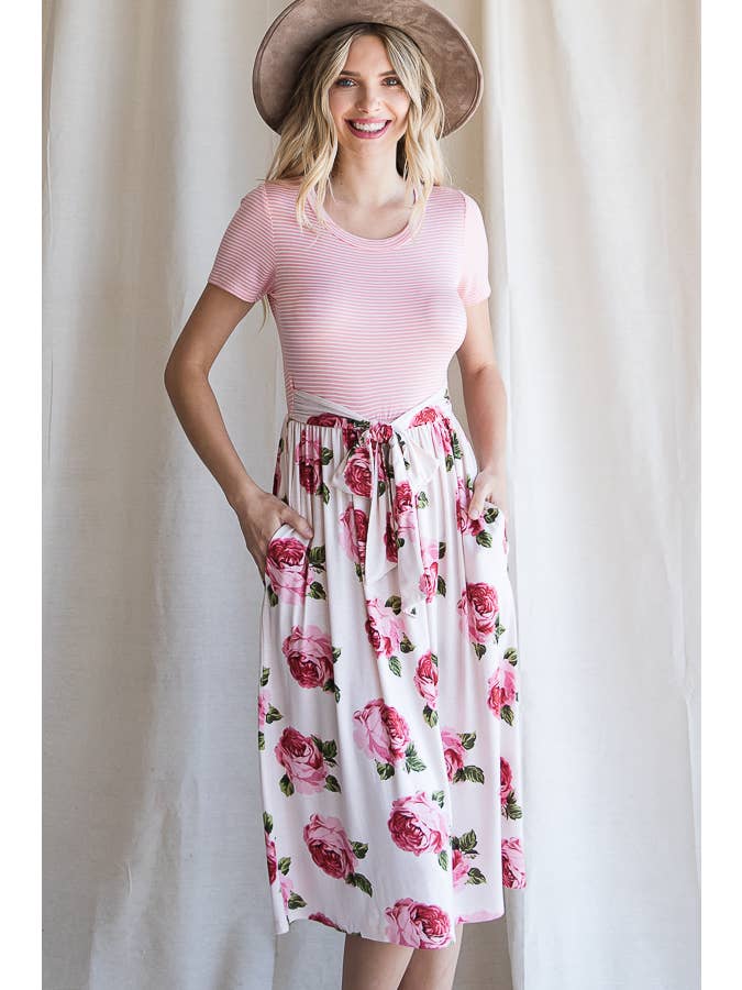 7th Ray - Wholesale Dress - Women's - Floral Waist Tie Short Sleeve A-Line Midi Dress D41994