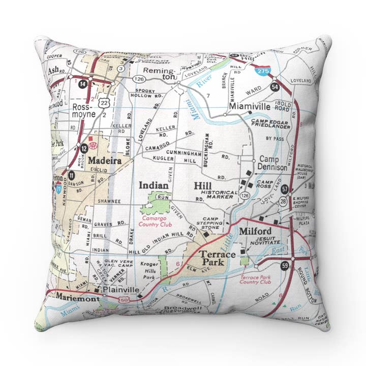 Indian Hill Cincinnati Ohio Map Pillow for wholesale by Daisy Mae Designs