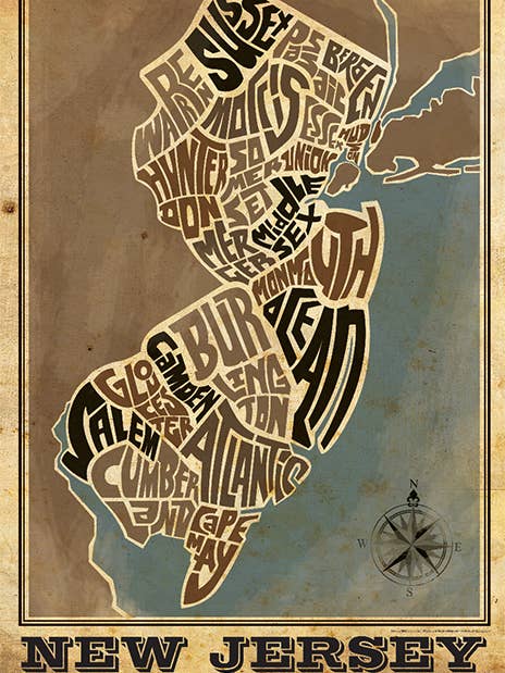New Jersey County Map for wholesale by LOST DOG art & frame