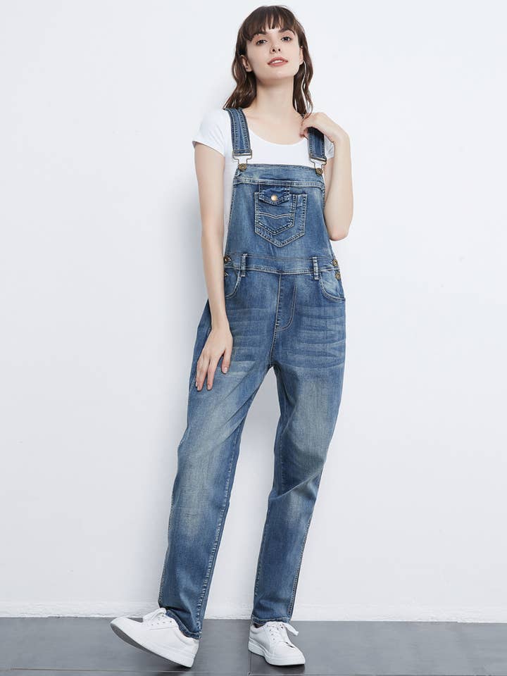 Women's Denim Overalls with Adjustable Straps and Pocket for wholesale by Anna Kaci Wholesale