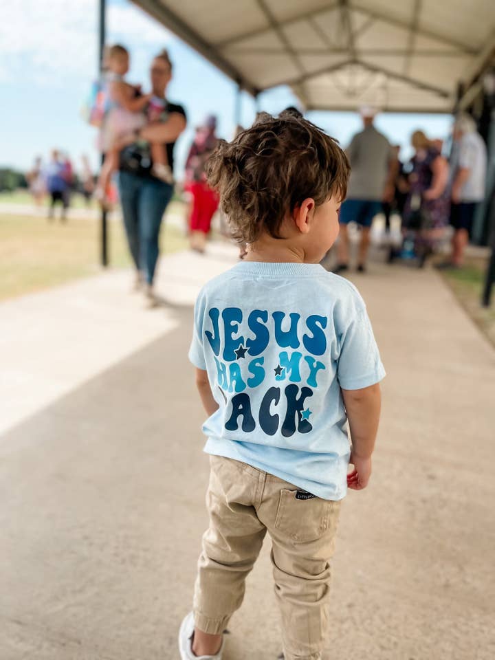 Salt + Salvation Threads - Wholesale Screen Printed T-Shirt - Kids - Jesus Has My Back - Blue Tee