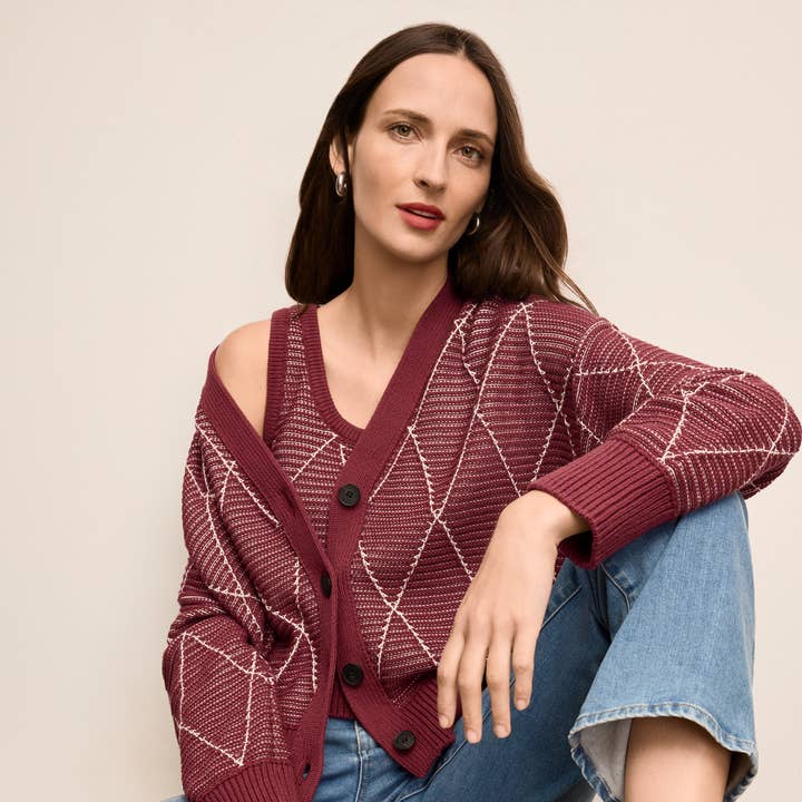 Dakota Easy Luxury Cardigan - Argyle Knit :: Red Umber for wholesale by M.M.LaFleur