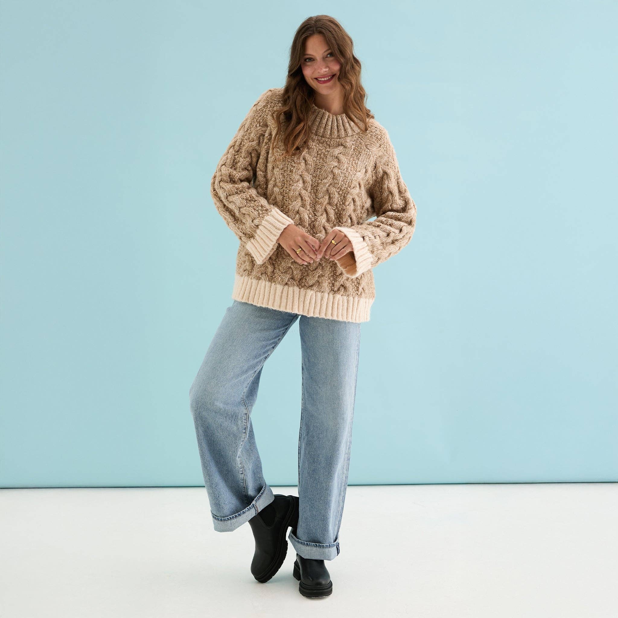 Cara & The Sky - Wholesale Knit Sweater - Women's - Jennie Cable High Neck Balloon Sleeve Jumper - Beige4