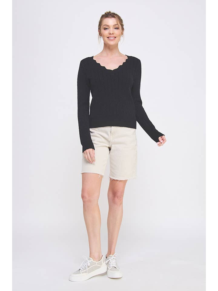 Allie Rose - Wholesale Knit Sweater - Women's - Pointelle Pullover Sweater with Scallop V-Neck
