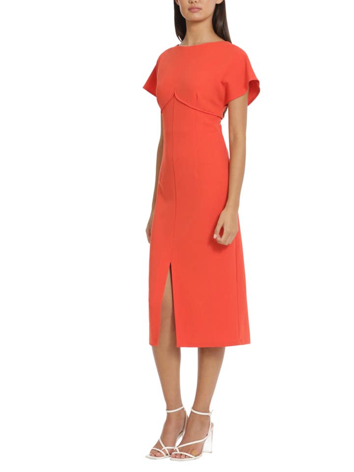 AURORA RED Donna Morgan Flutter Sleeve Sheath Midi Dress for wholesale on Faire2