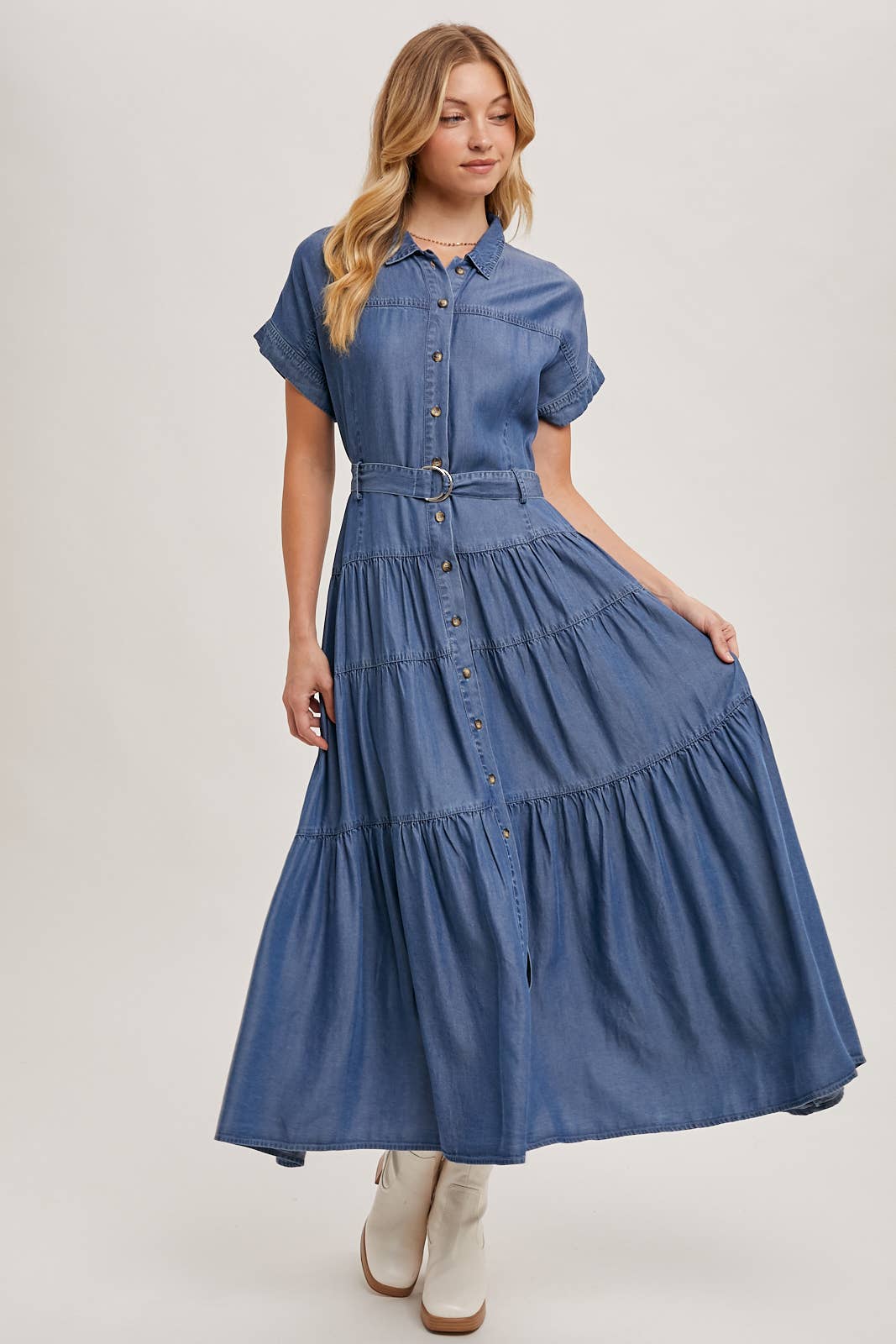 Bluivy - Wholesale Dress - Women's - BUTTON FRONT SHORT SLEEVED TIERED MAXI DENIM DRESS5