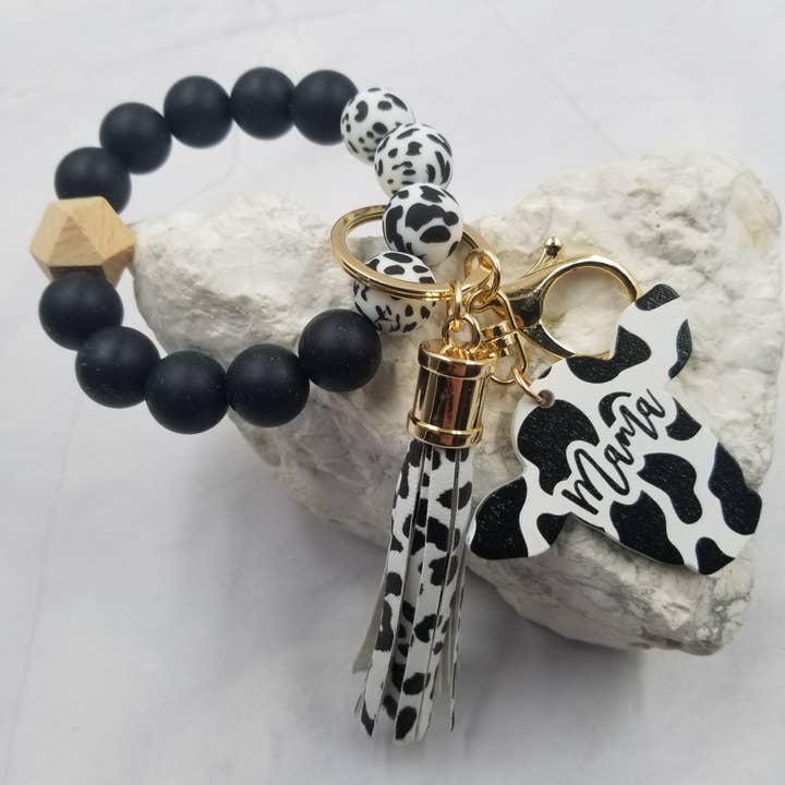 The Pretty Jewellery – Großhandel Schlüsselanhänger-Armbänder – Armreif mit Kuh- und Leopardenmuster, Schlüsselanhänger, Silikonperle, Mama-Armband1
