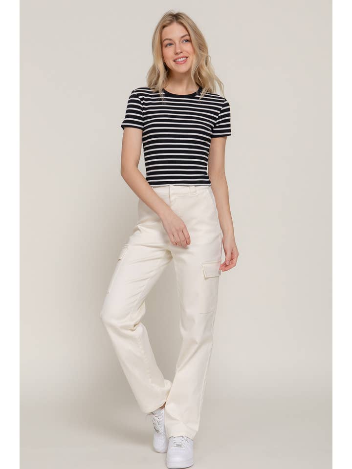 Active Basic | Active USA - Vendita all'ingrosso Top in maglia - Donna - Top a righe in cotone a costine con maniche corte e collo rotondo23