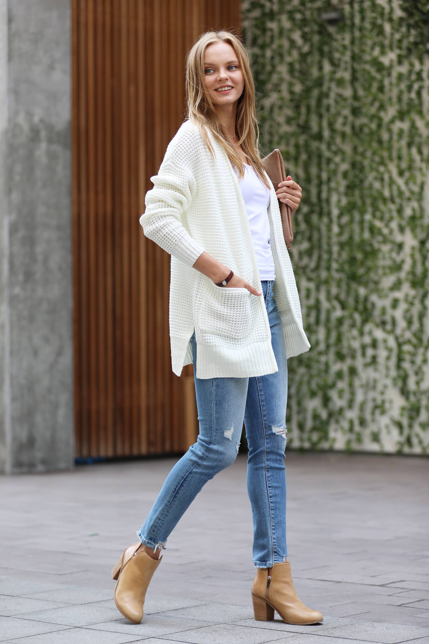 42POPS – Engroshandel Cardigan - Dame – ,,,..Lav Gauge Vaffel Åben Cardigan Sweater1