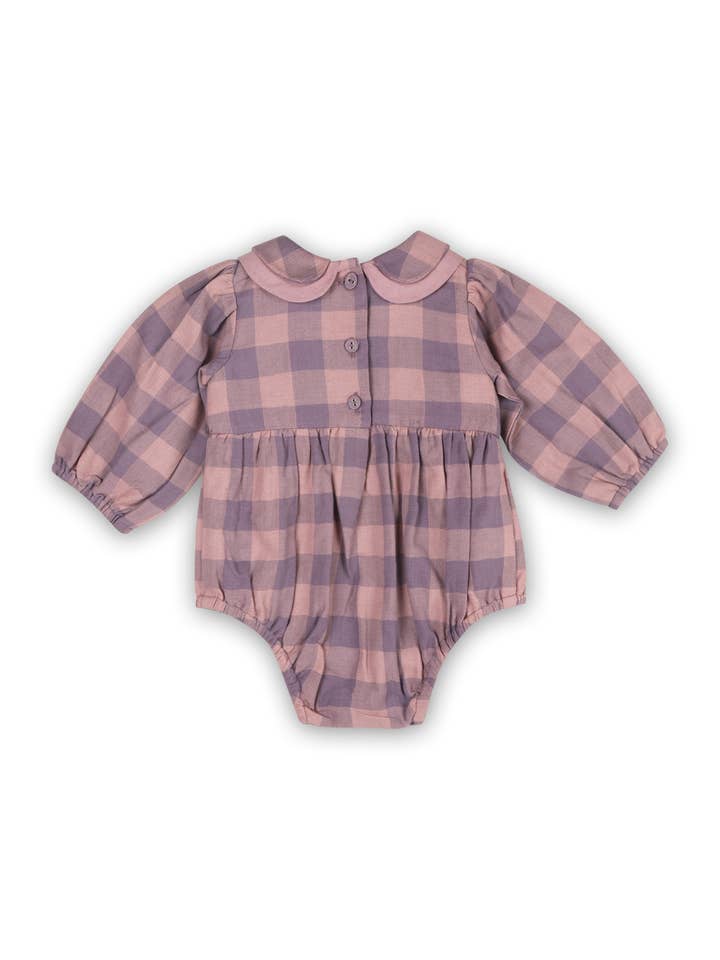 Lilac Smocked Peter Pan Gingham Baby Romper (Organic) for wholesale on Faire