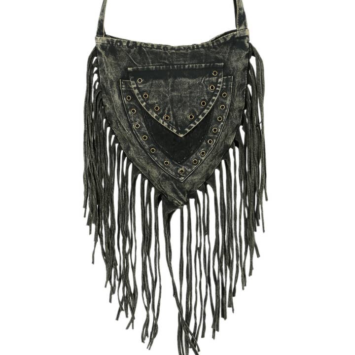 Earth Divas - Wholesale Shoulder Bag - Women's - Dark Gray Stonewashed Fringe Triangular Passport Bag