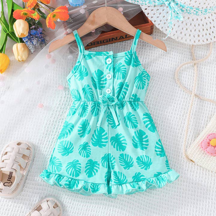 green 6M-4Y Toddler Girls Leaves Print Cami Rompers & Jumpsuit Wholesale Girls Clothes V3824051500016 for wholesale on Faire