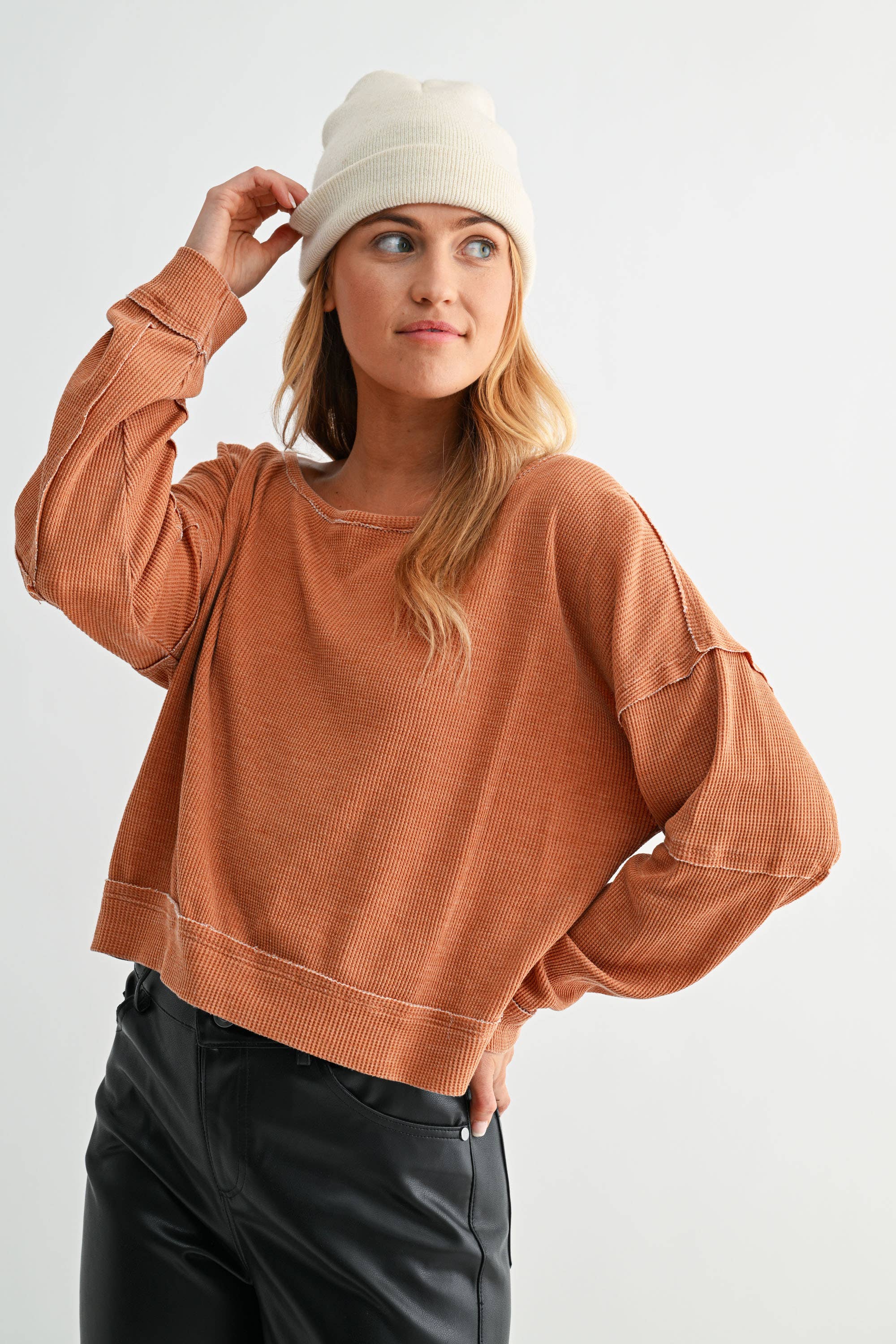 Mono B - Wholesale Sweatshirt - Women's - Raw Edge Waffle Knit Boatneck Pullover25