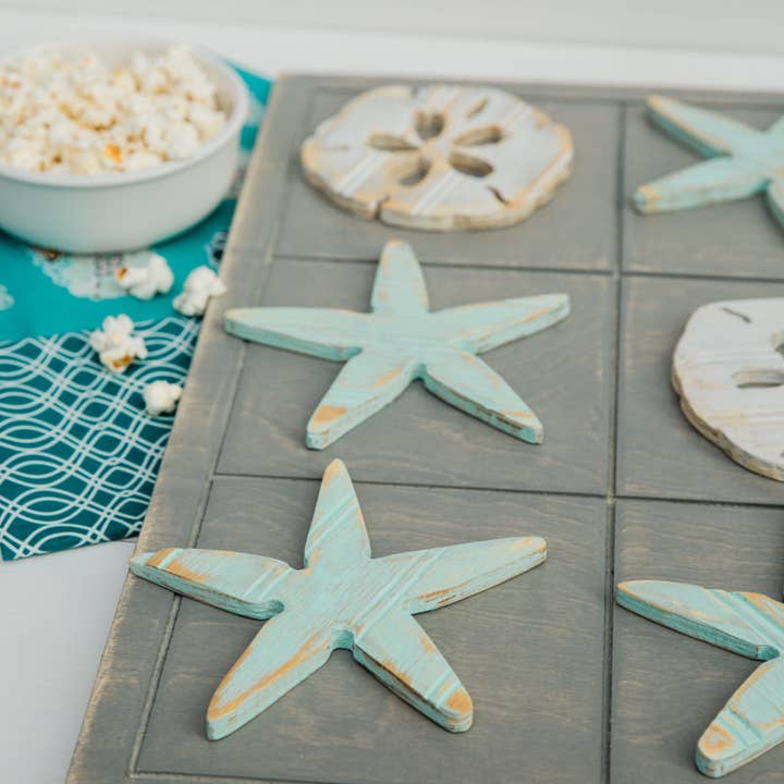 Tic-Tac-Toe Wooden Game, Sea Stars/Sand Dollars for wholesale by Grace Graffiti