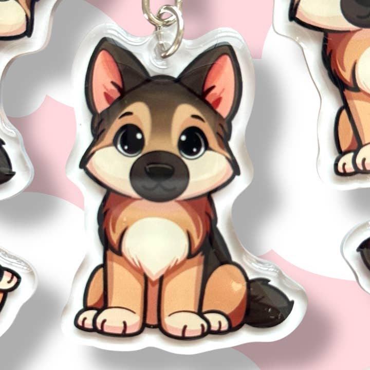 Schwarz-brauner Deutscher Schäferhund Acryl-Hundeschlüsselanhänger mit Epoxidharz | Einfacher Clip, niedlicher Hundecartoon, handgezeichnetes Design, Geschenk für Hundeliebhaber für den Großhandel von Milly Made Designs