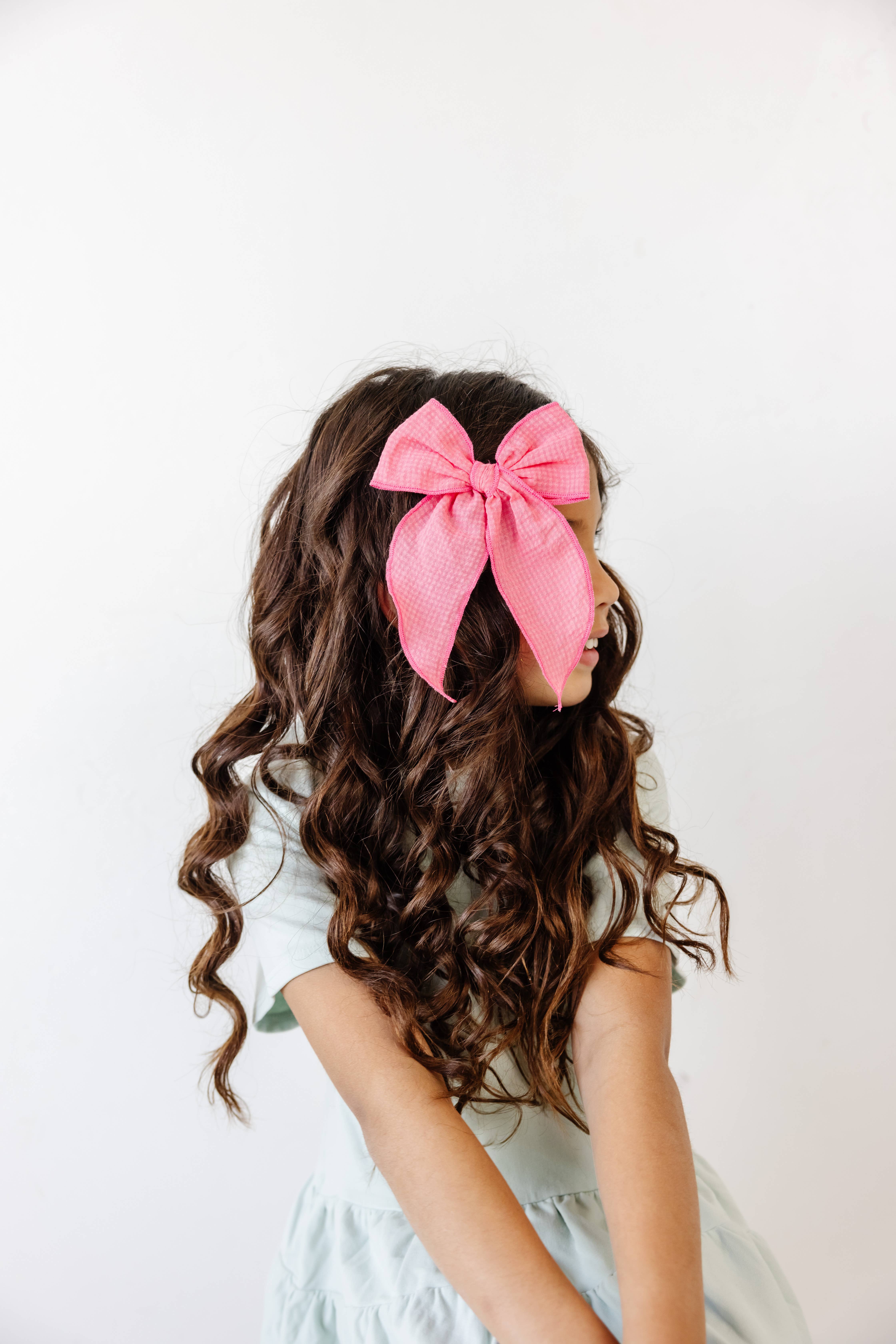 Little Poppy Co - Wholesale Hair Bow - Kids - Seersucker Check Claire Bow, Dark Pink2