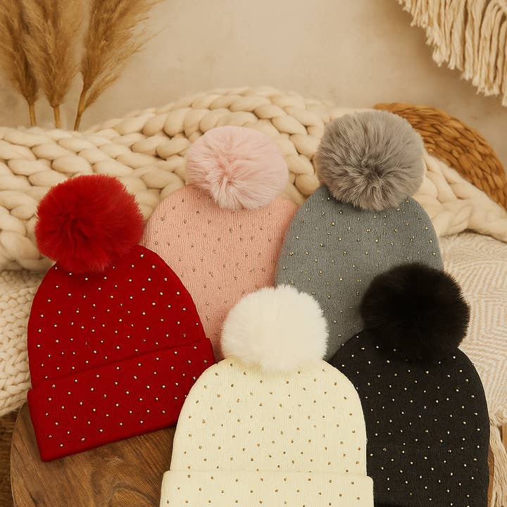 U R My Sunshine - Wholesale Beanie - Women's - 25165 Rhinestone Pom Pom Beanie – Winter Knit Hat for Women0