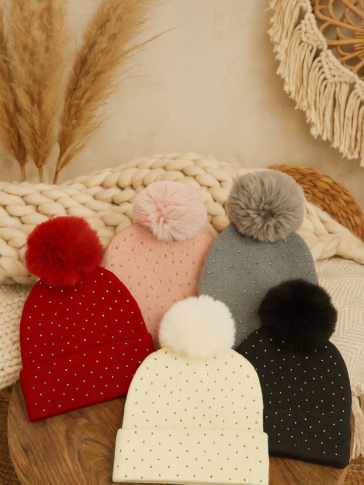 25165 Rhinestone Pom Pom Beanie – Winter Knit Hat for Women for wholesale by U R My Sunshine