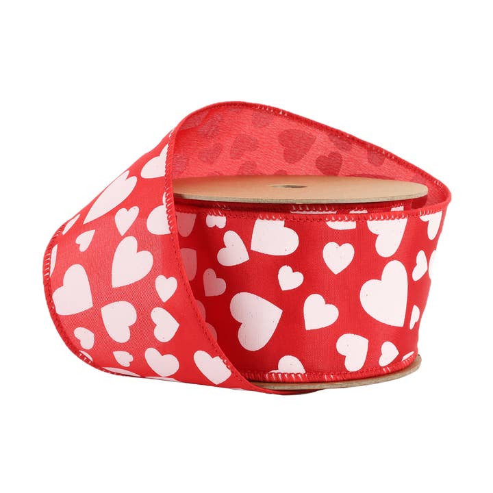 Wired Ribbon | Red w/ Multi Size White Hearts | 10 Yard Roll for wholesale by LA Ribbons Wholesale