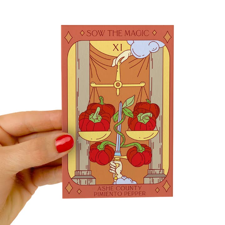 Ashe County Pimento Sweet Pepper Tarot Seed Packet for wholesale by Sow the Magic